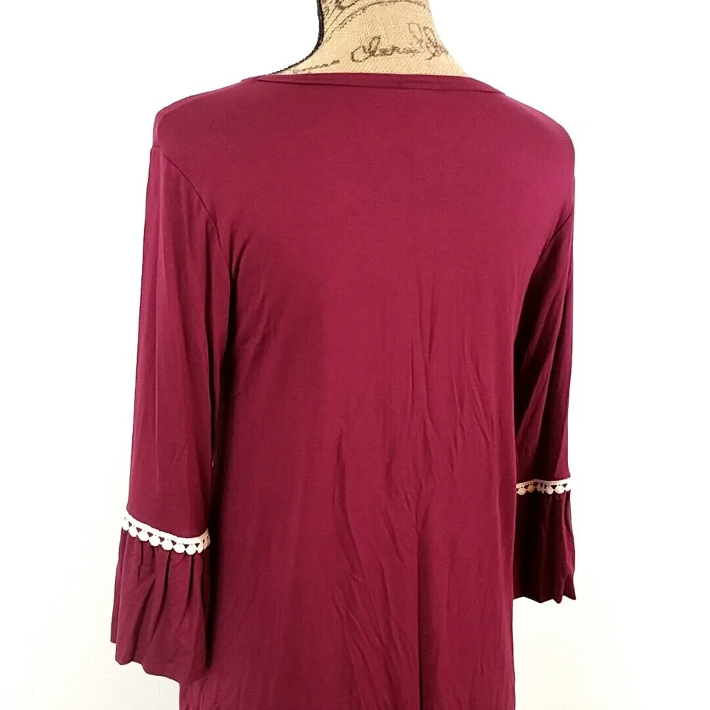 Lovely Souls Tunic Top Womens Small Burgundy Pom Pom Trim Bell Sleeve